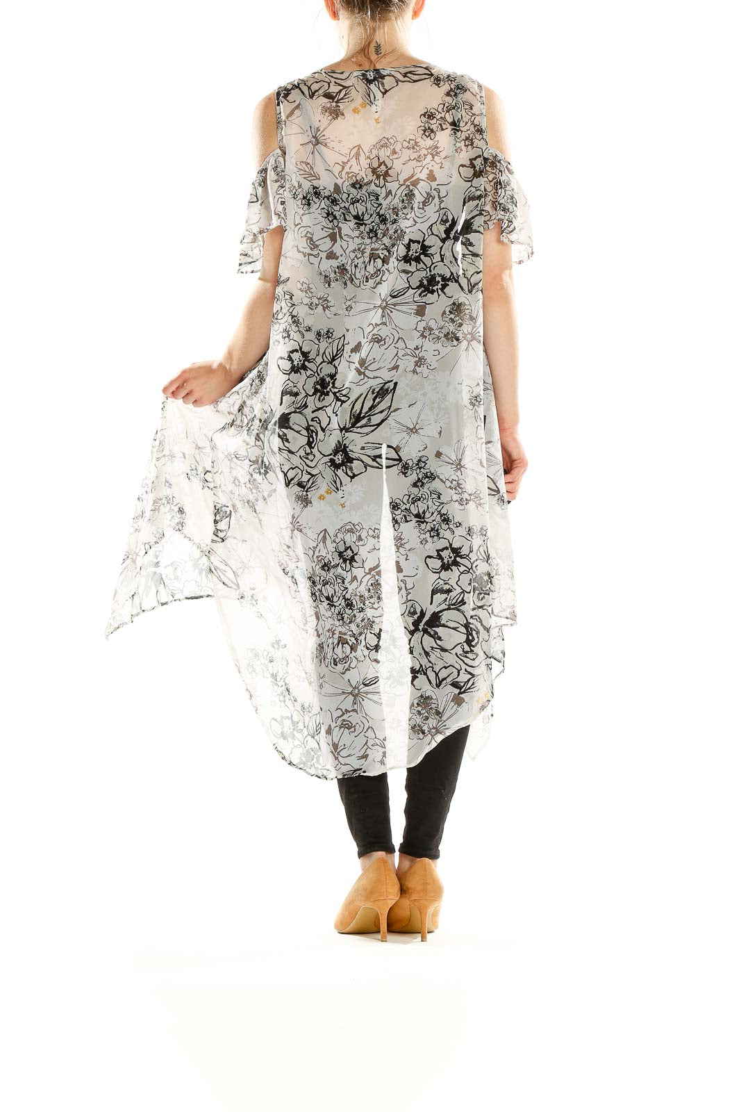 Back view of BCBGeneration white floral cold-shoulder duster cardigan