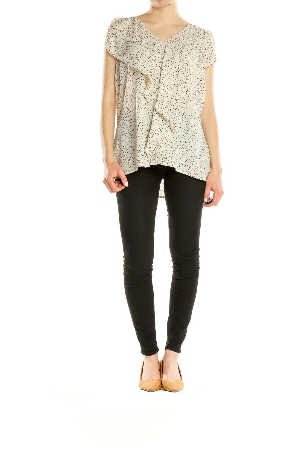 Front view of cream speckled IMNYC Isaac Mizrahi blouse with ruffle detail