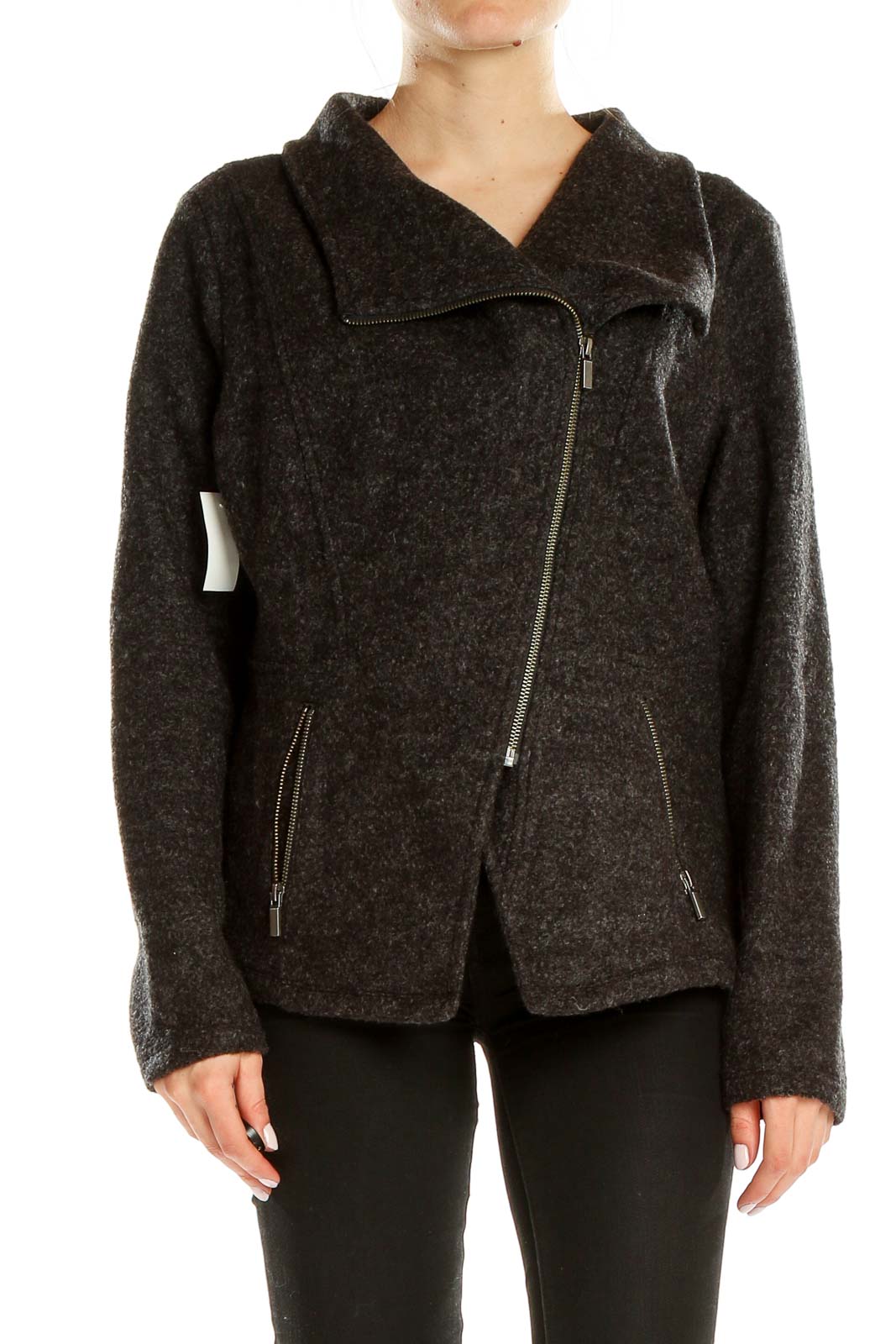 Front view of Halogen charcoal wool blend moto jacket with asymmetrical zip