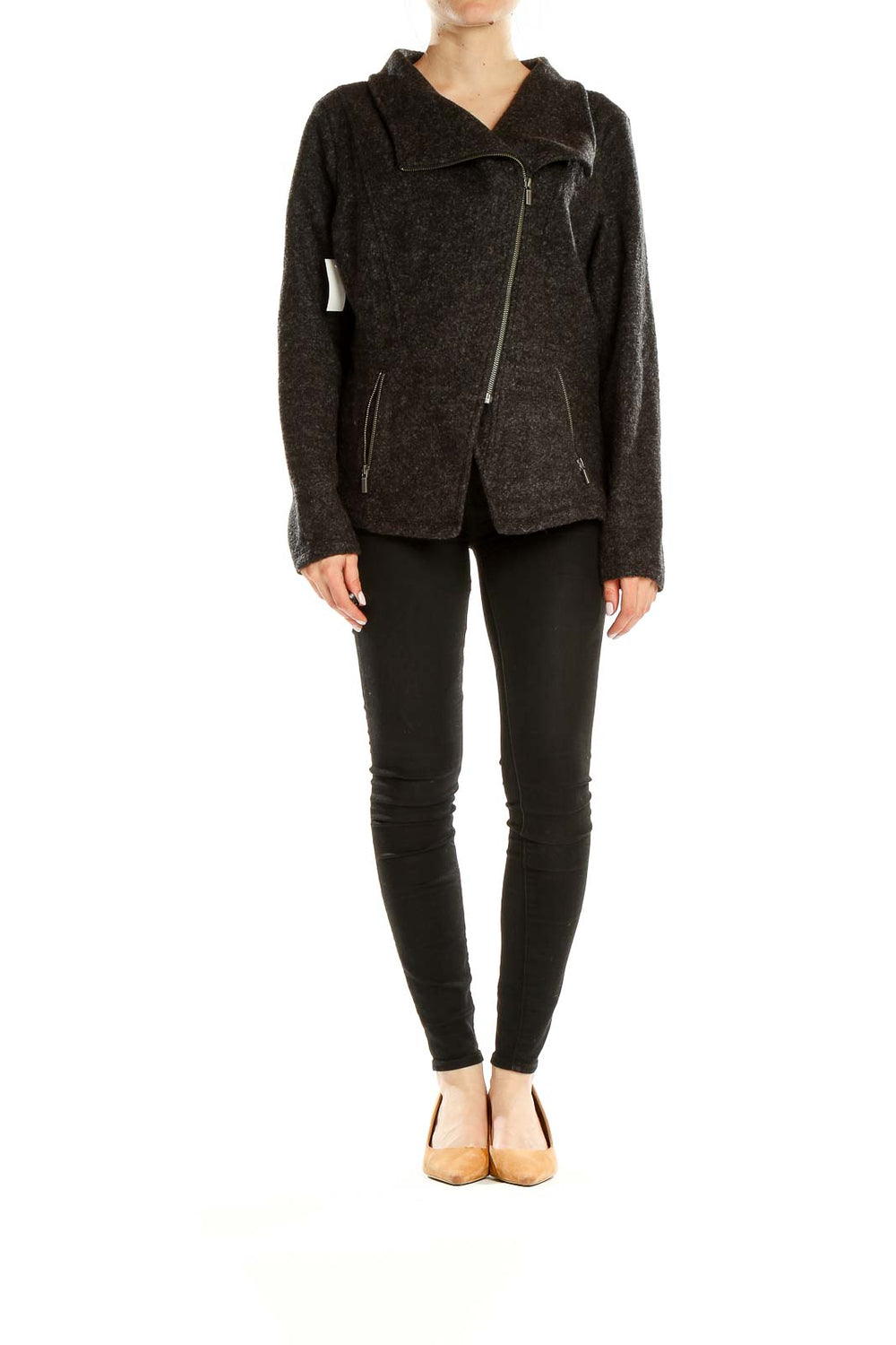 Front view of Halogen charcoal wool blend moto jacket with asymmetrical zip