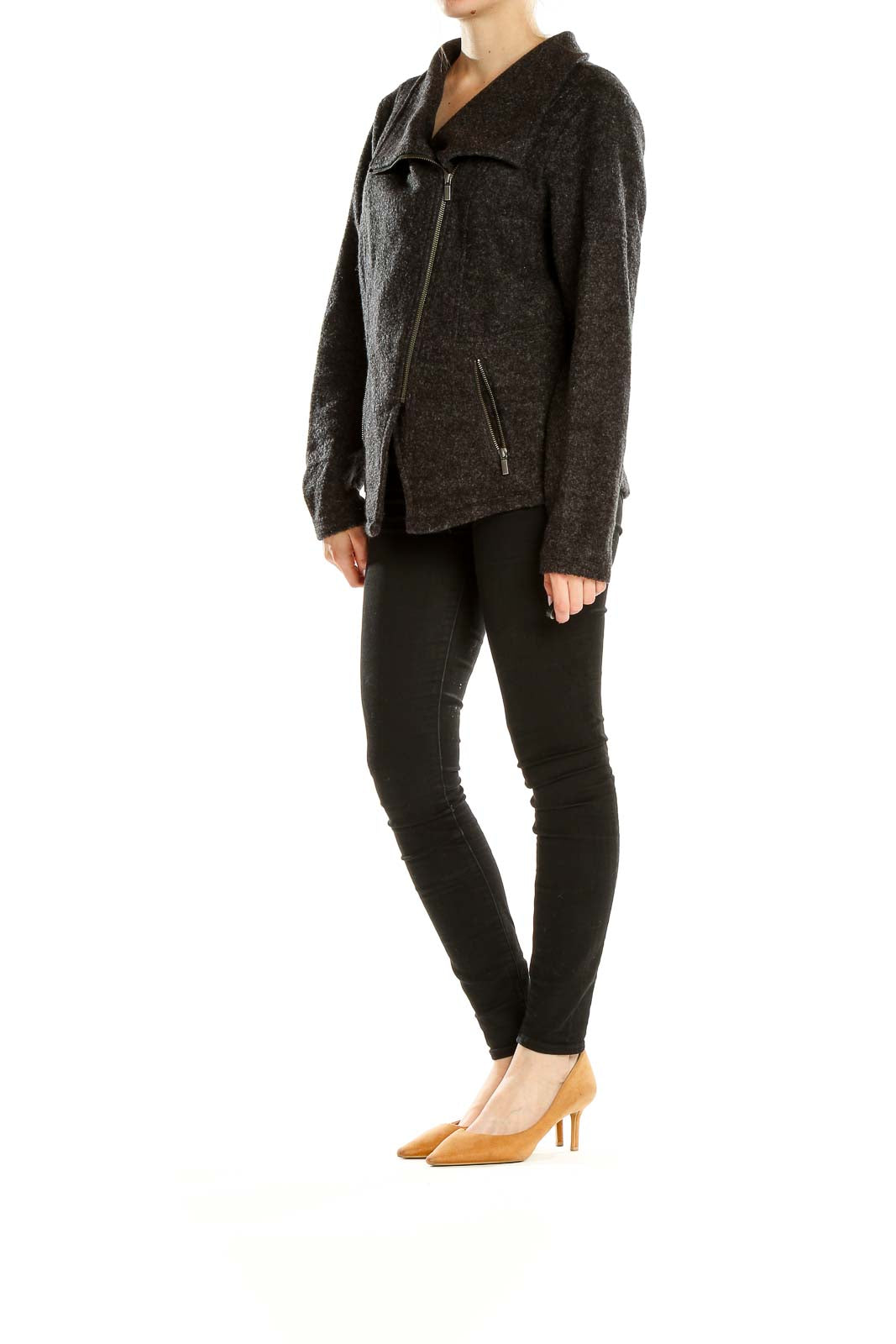 Front view of Halogen charcoal wool blend moto jacket with asymmetrical zip