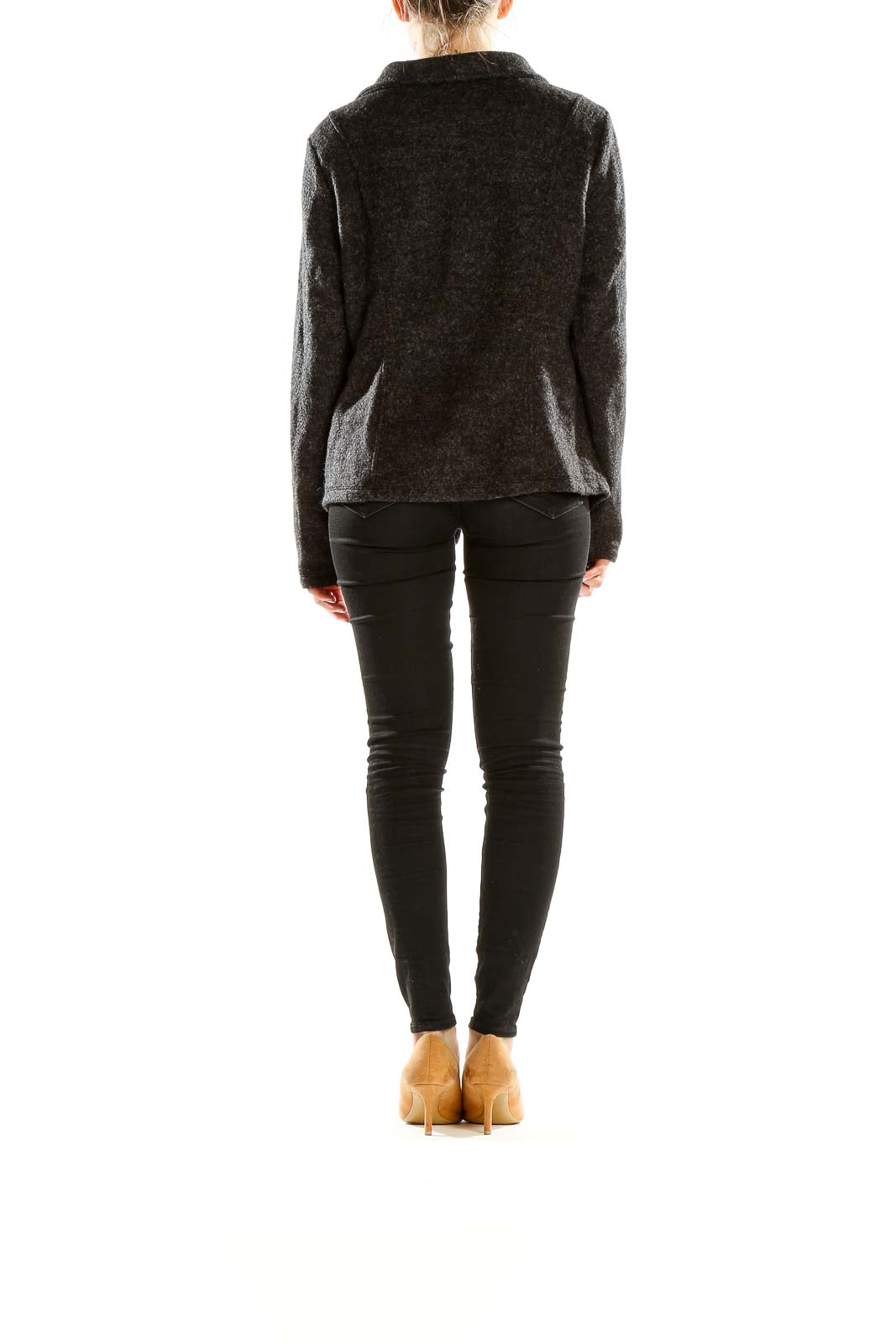 Side view of Halogen charcoal wool blend moto jacket showing collar and fit