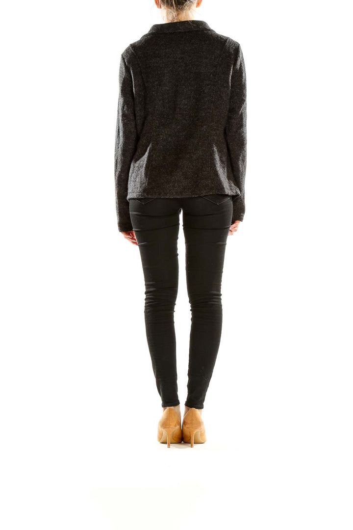 Side view of Halogen charcoal wool blend moto jacket showing collar and fit