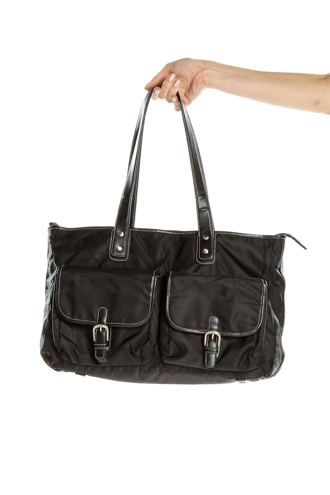 Front view of Leslie Fay black nylon tote bag with two front pockets