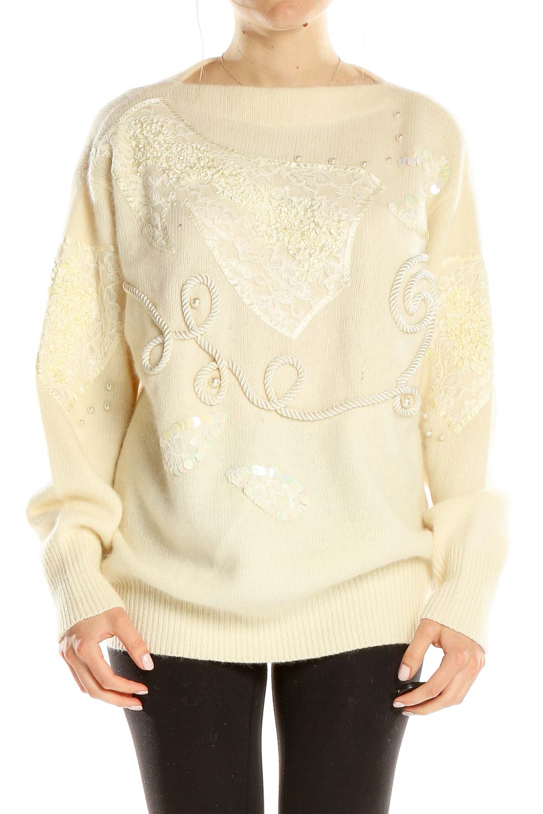 Front view of cream Apart oversized knit sweater with sequin embellishments and rope embroidery