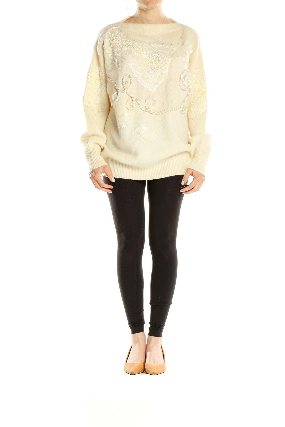 Front view of cream Apart oversized knit sweater with sequin embellishments and rope embroidery