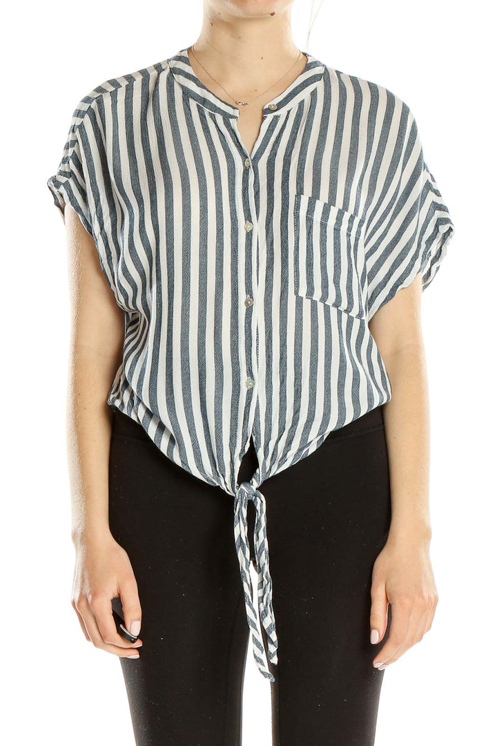Front view of Lulu's Blue and White Striped Tie-Front Blouse