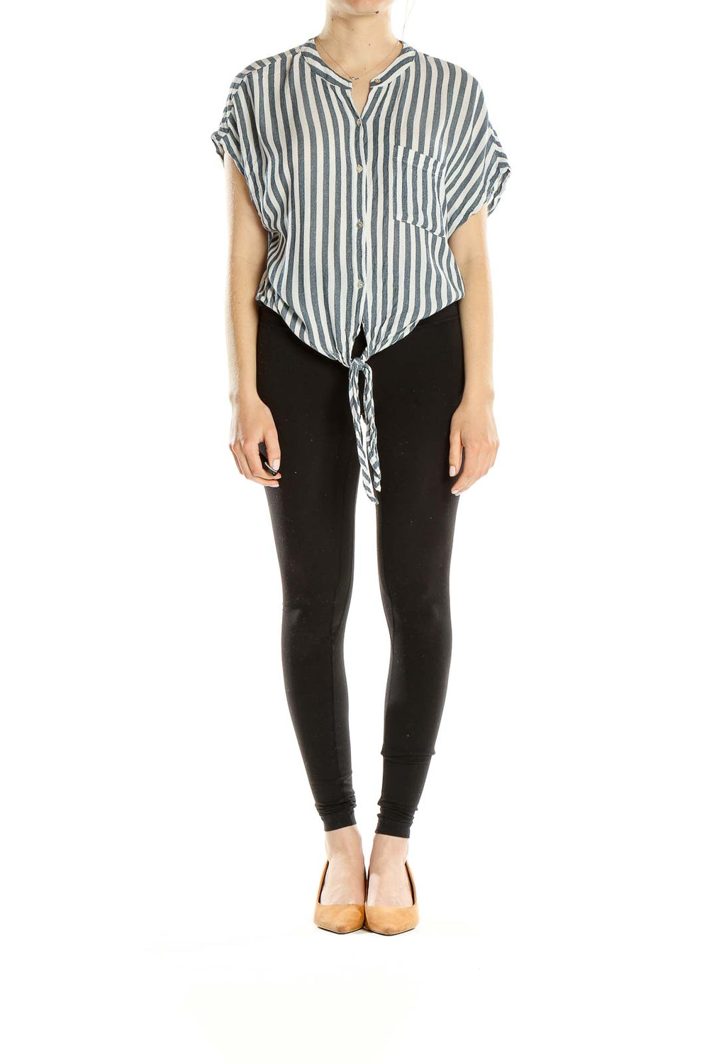 Front view of Lulu's Blue and White Striped Tie-Front Blouse