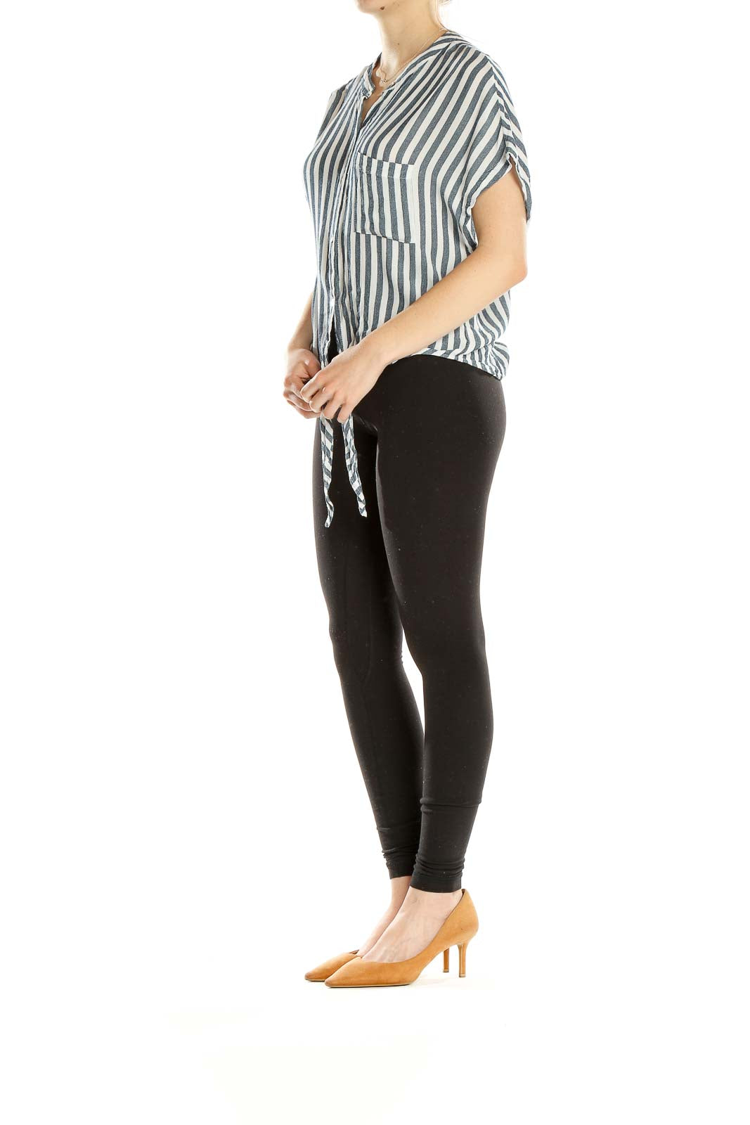 Front view of Lulu's Blue and White Striped Tie-Front Blouse