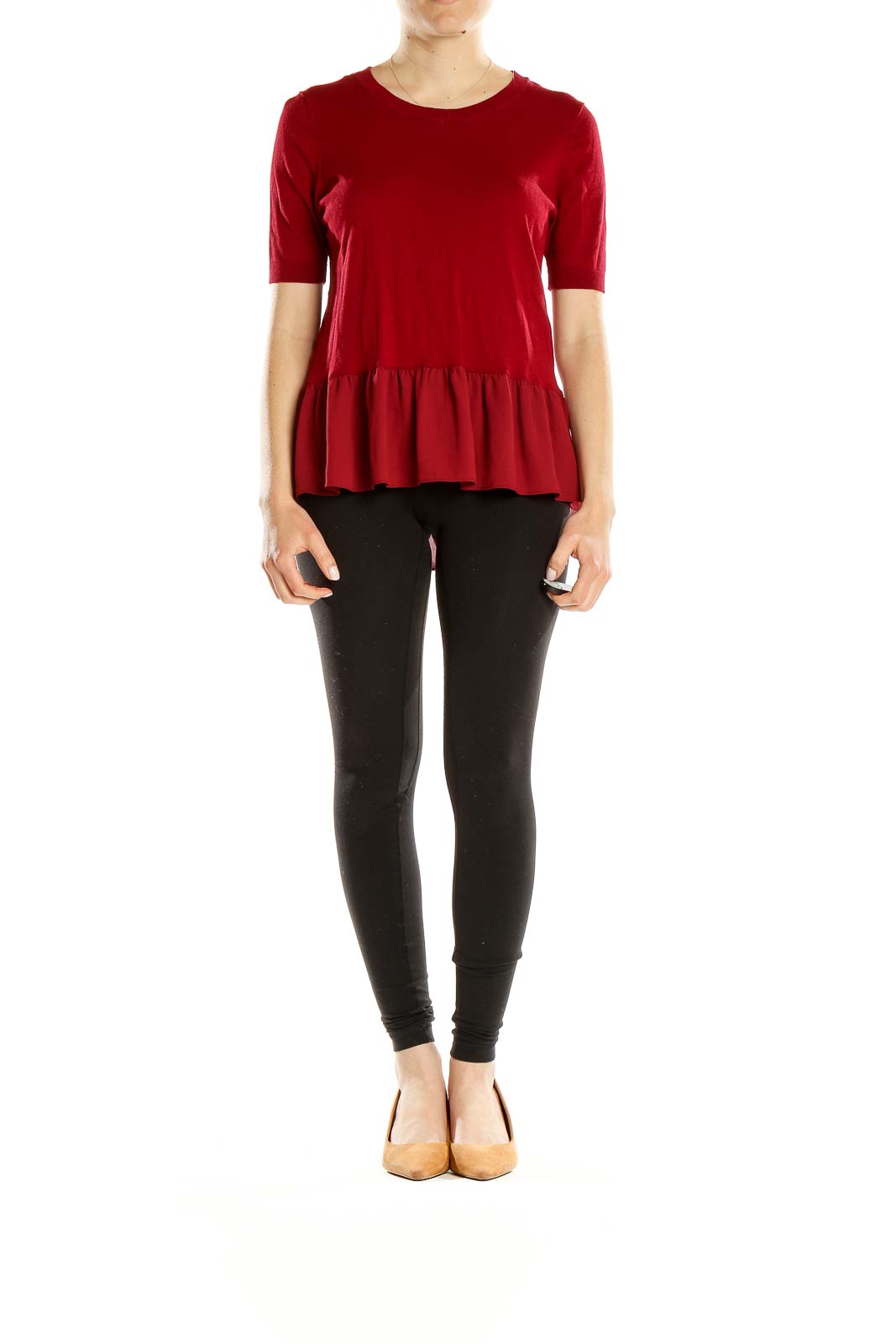 Front view of red peplum knit top from Ann Taylor LOFT