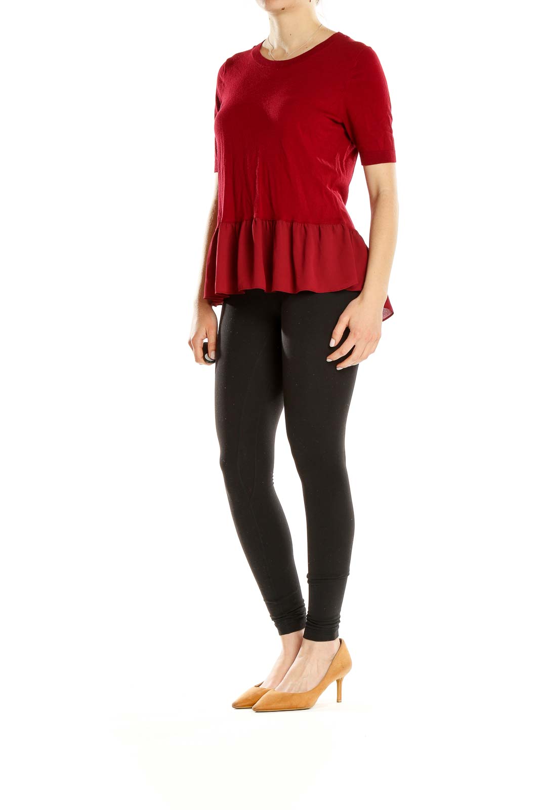 Front view of red peplum knit top from Ann Taylor LOFT