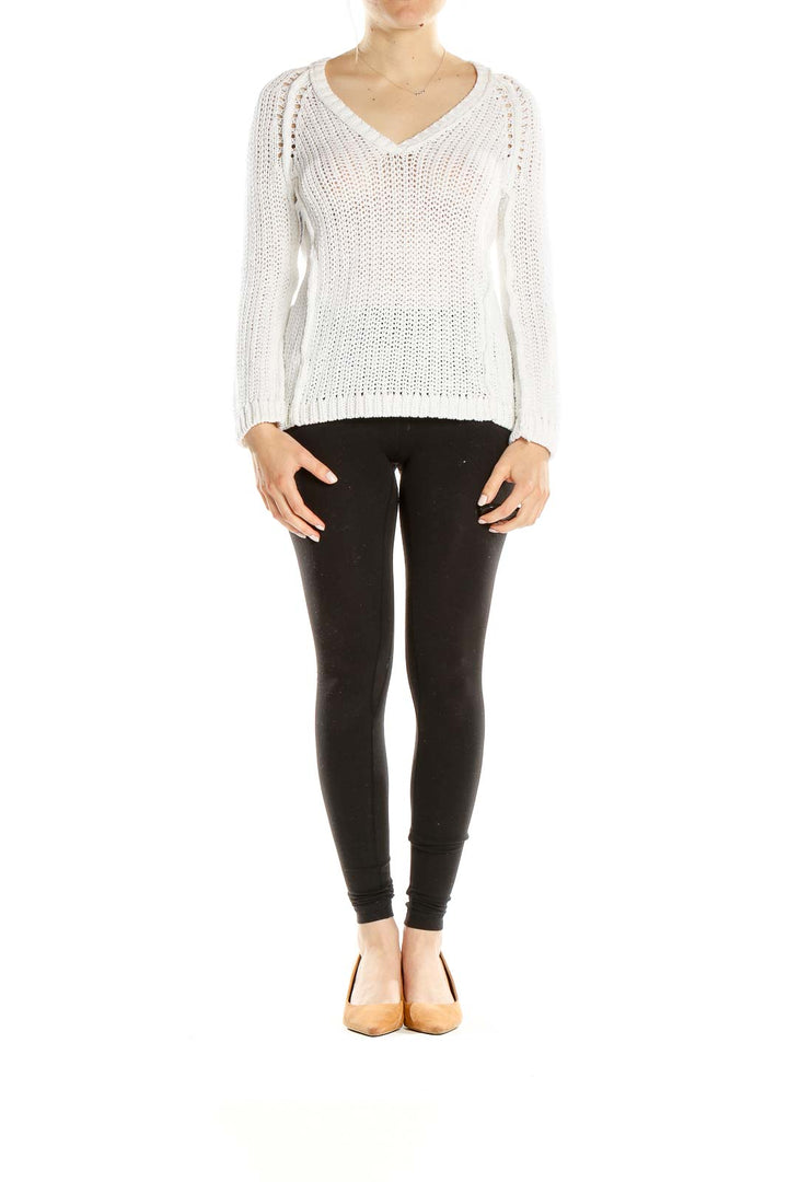 Front view of white V-neck knit sweater from Ann Taylor LOFT