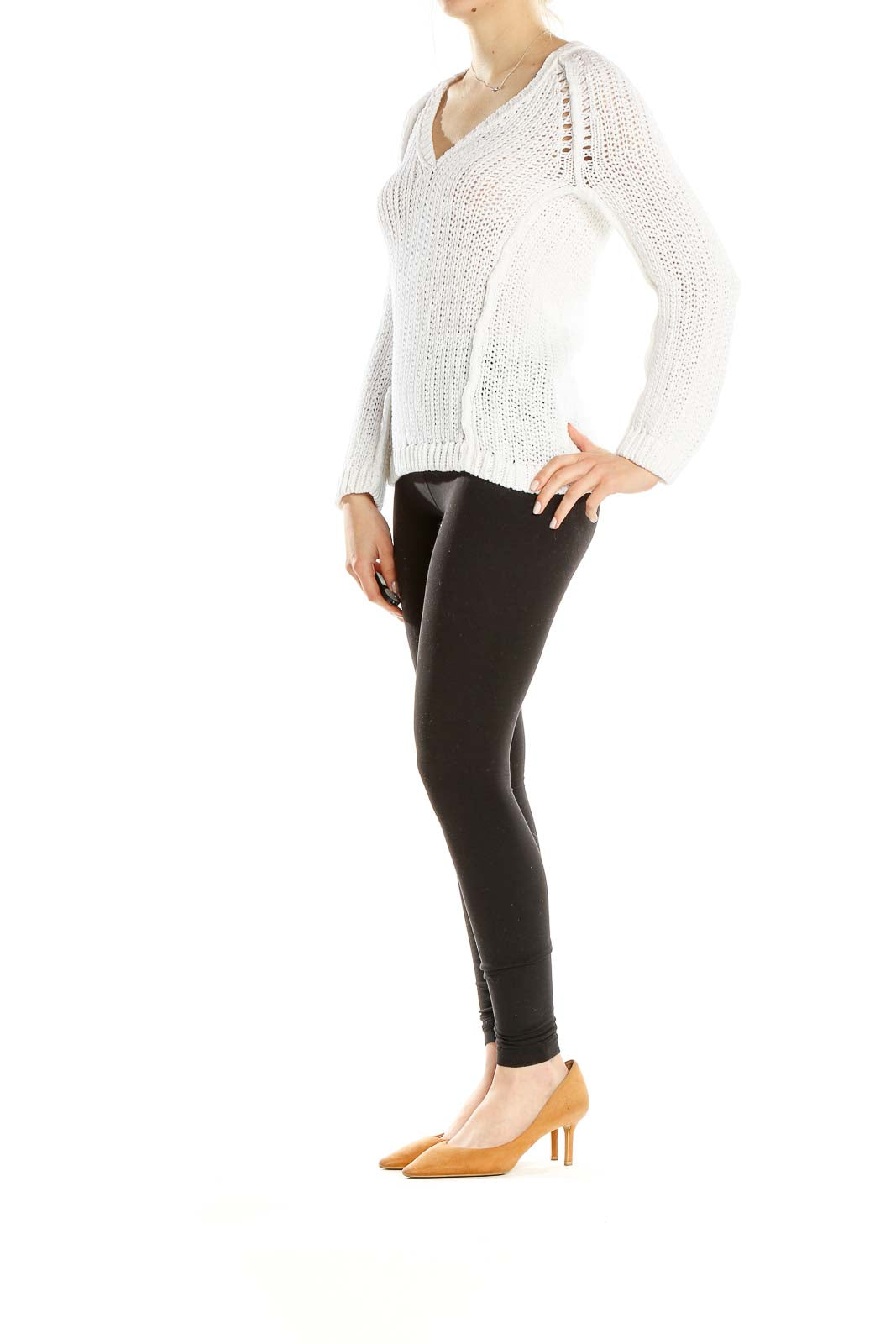 Front view of white V-neck knit sweater from Ann Taylor LOFT
