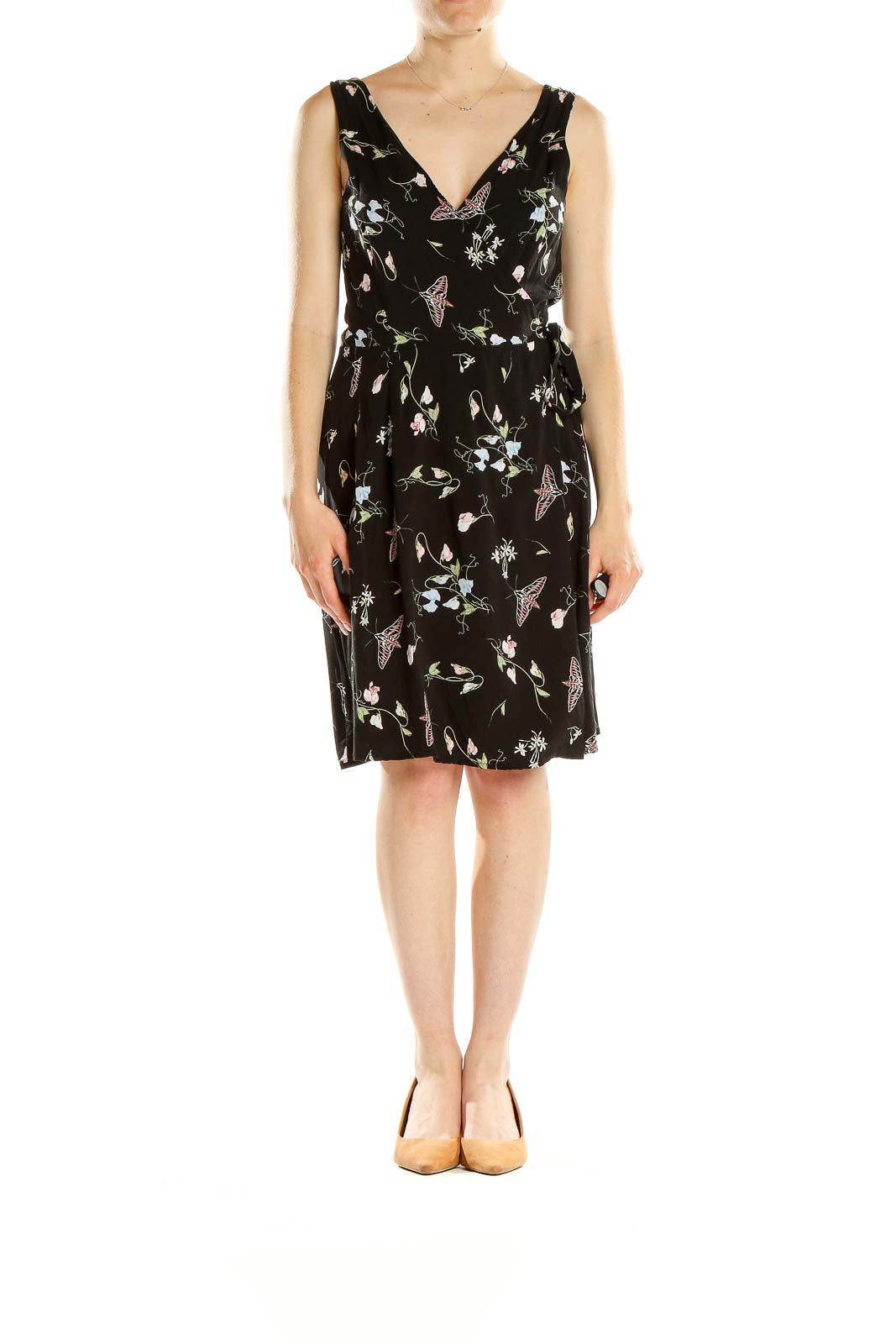 Front view of Field Day black sleeveless dress with floral and butterfly print