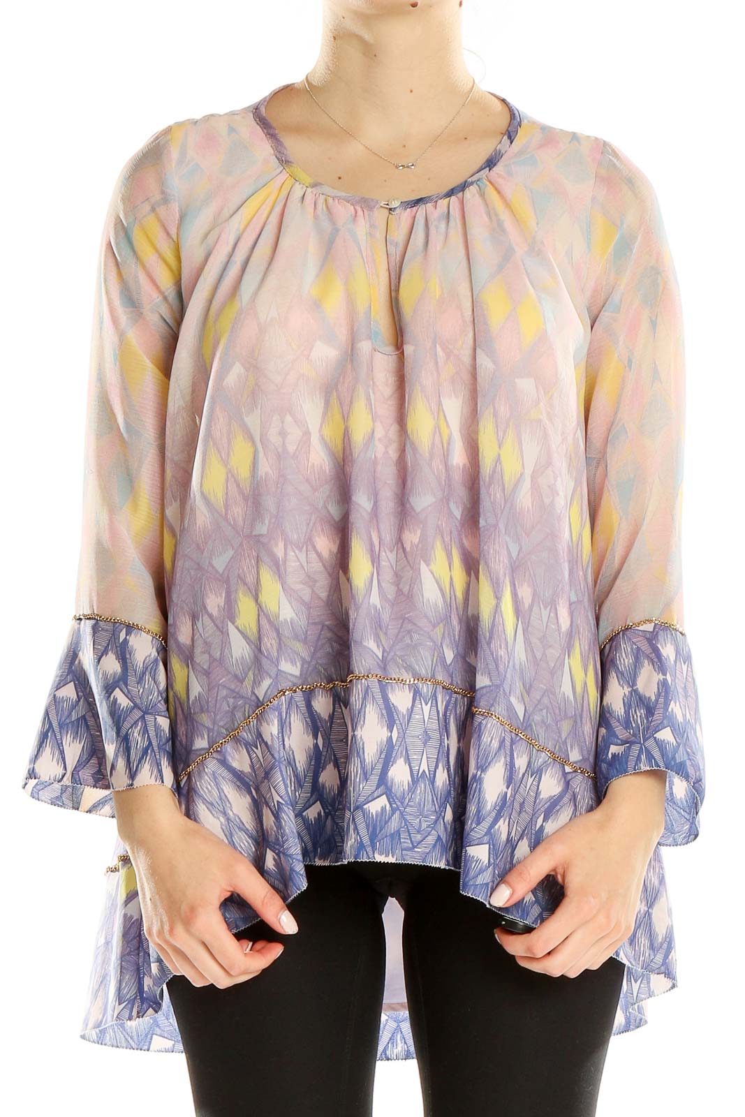 Front view of Mark + James by Badgley Mischka pastel ombre top with bell sleeves