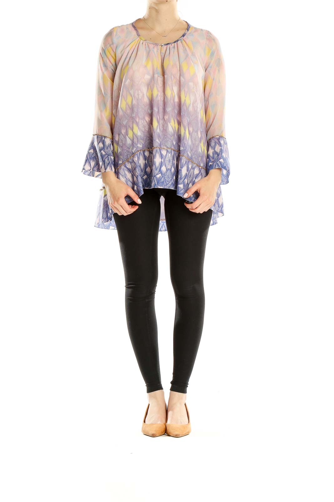 Front view of Mark + James by Badgley Mischka pastel ombre top with bell sleeves