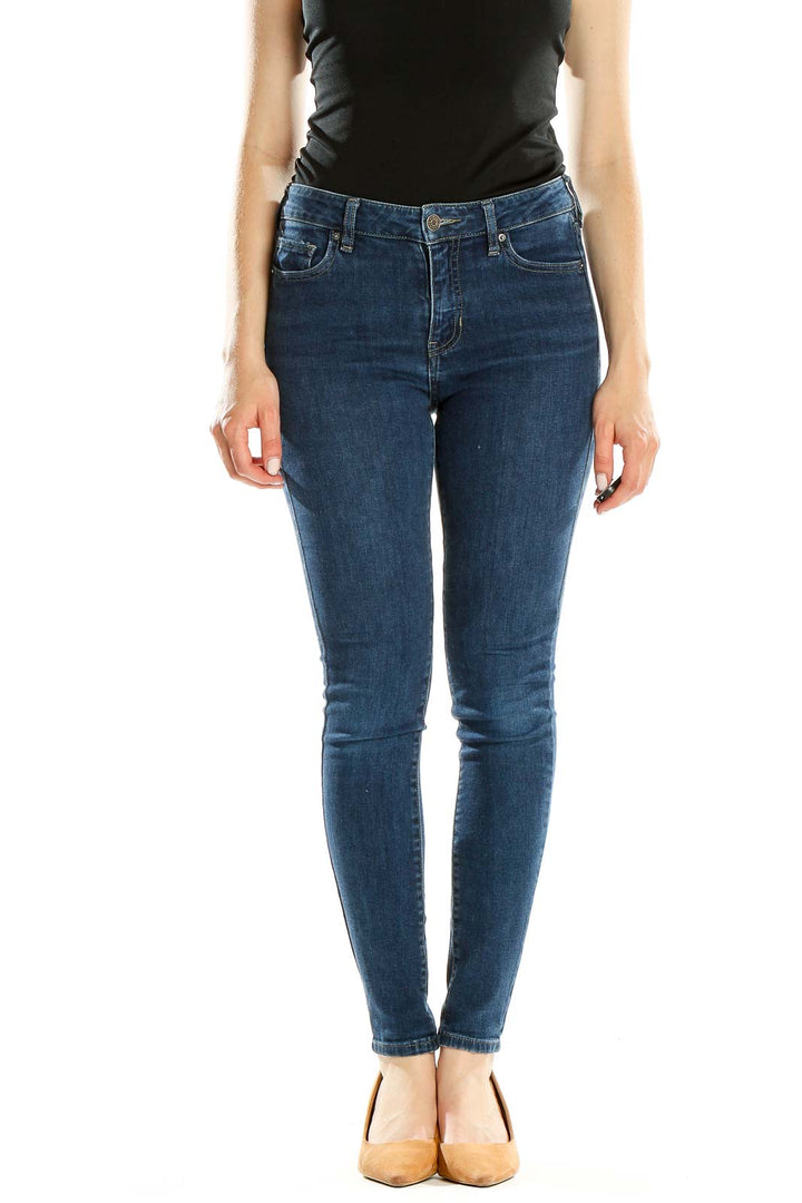 Front view of Armani Exchange blue skinny jeans on model