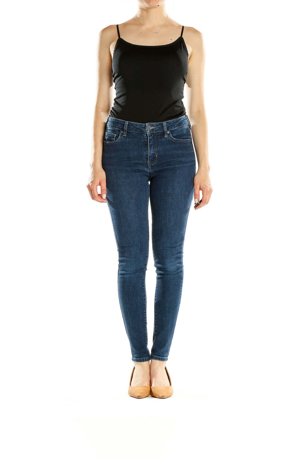 Front view of Armani Exchange blue skinny jeans on model