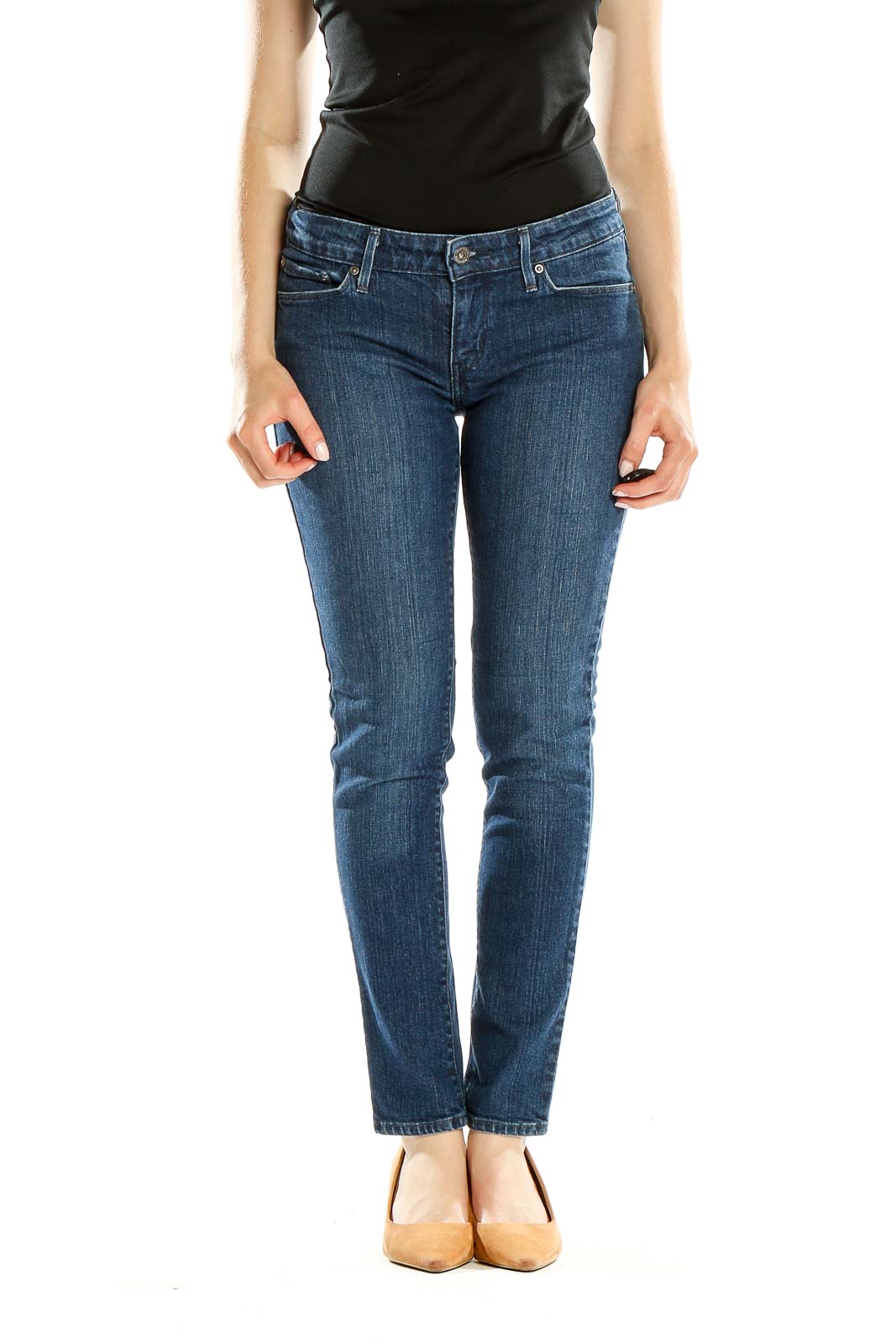 Front view of Levi's classic blue straight leg jeans on model