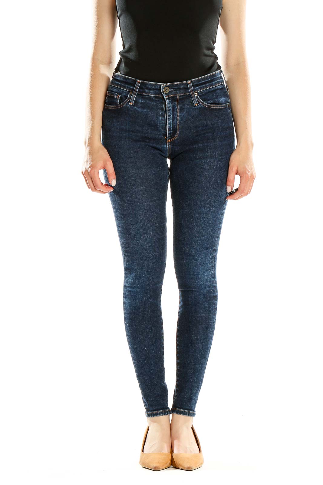 Front view of Adriano Goldschmied dark blue skinny jeans on model