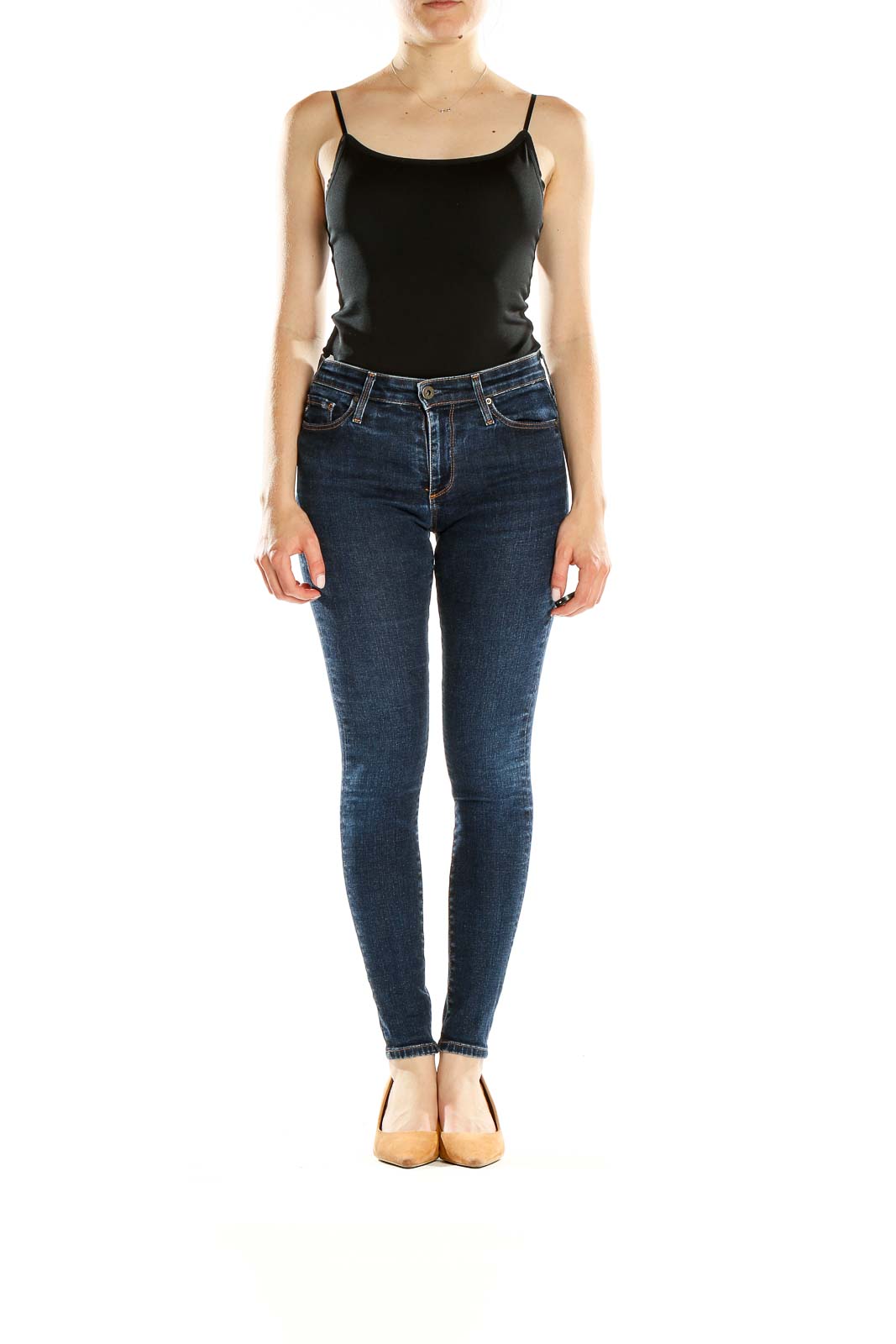 Front view of Adriano Goldschmied dark blue skinny jeans on model