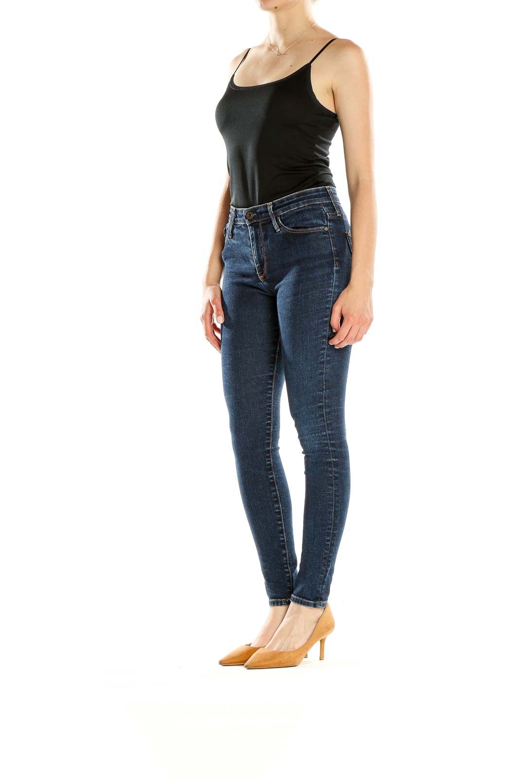 Front view of Adriano Goldschmied dark blue skinny jeans on model