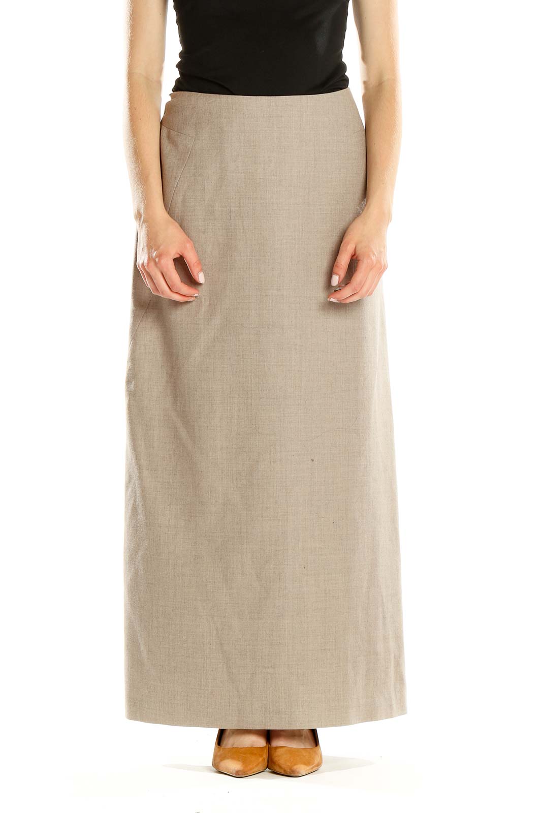 Front view of Willi Smith beige A-line maxi skirt