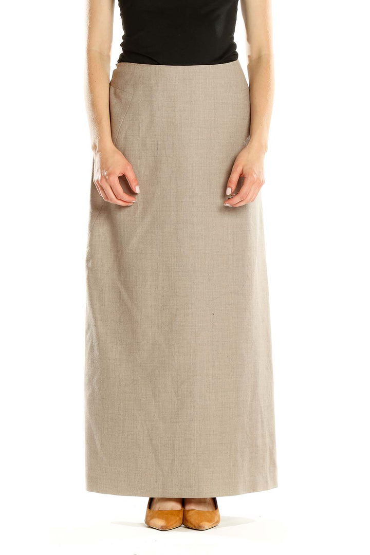 Front view of Willi Smith beige A-line maxi skirt