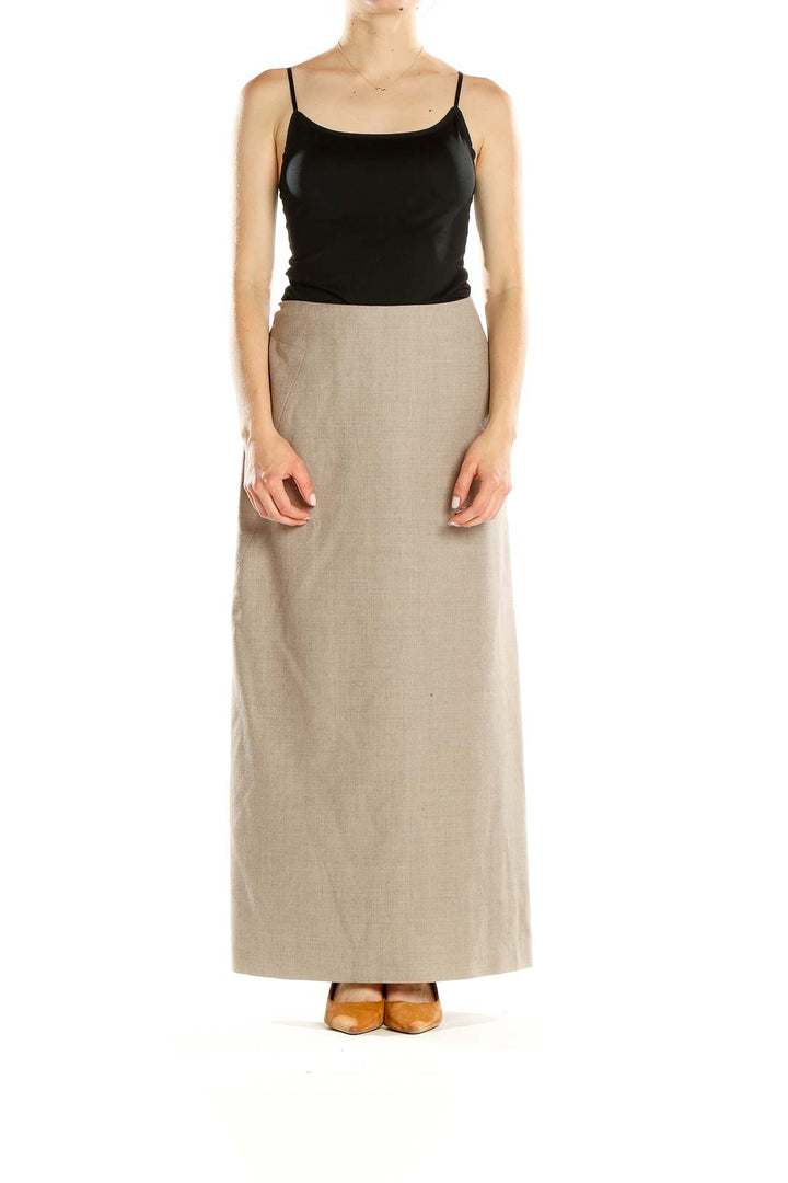 Front view of Willi Smith beige A-line maxi skirt