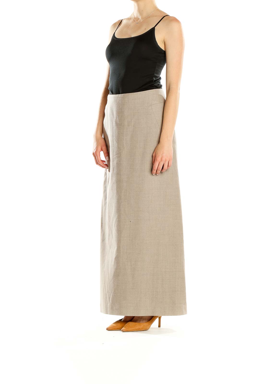 Front view of Willi Smith beige A-line maxi skirt
