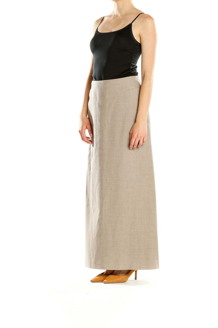 Front view of Willi Smith beige A-line maxi skirt