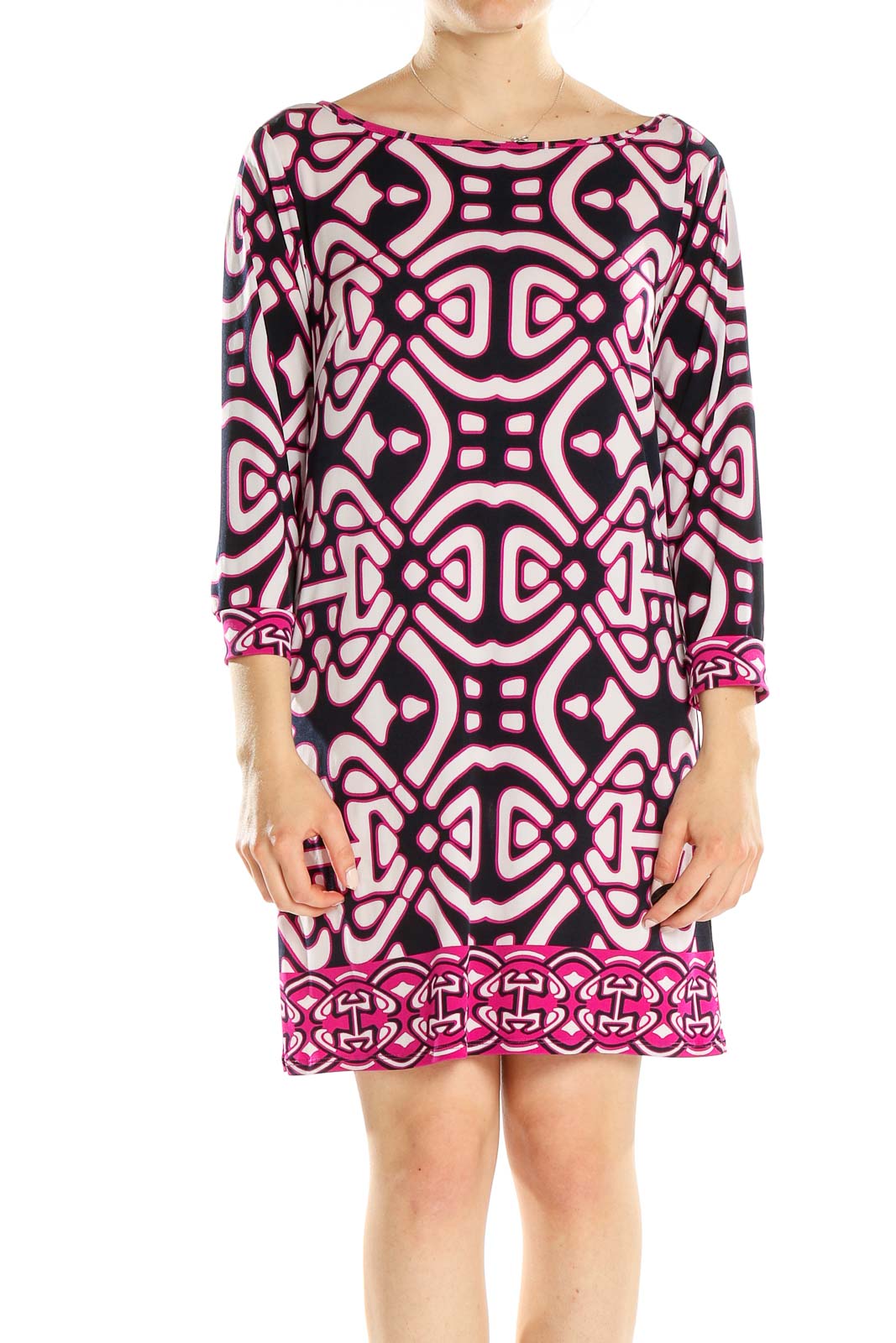 Front view of Laundry by Design Black and Pink Geometric Print Shift Dress