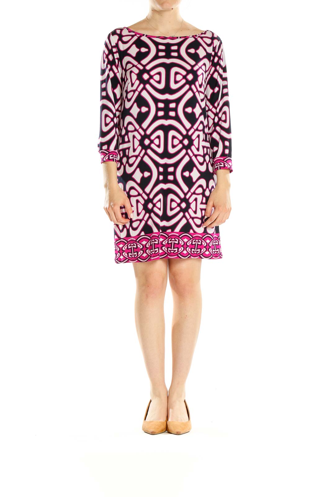Front view of Laundry by Design Black and Pink Geometric Print Shift Dress