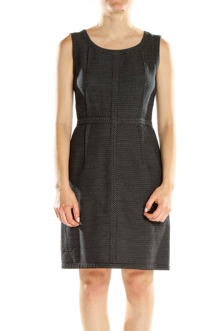 Front view of DKNY black textured sleeveless sheath dress