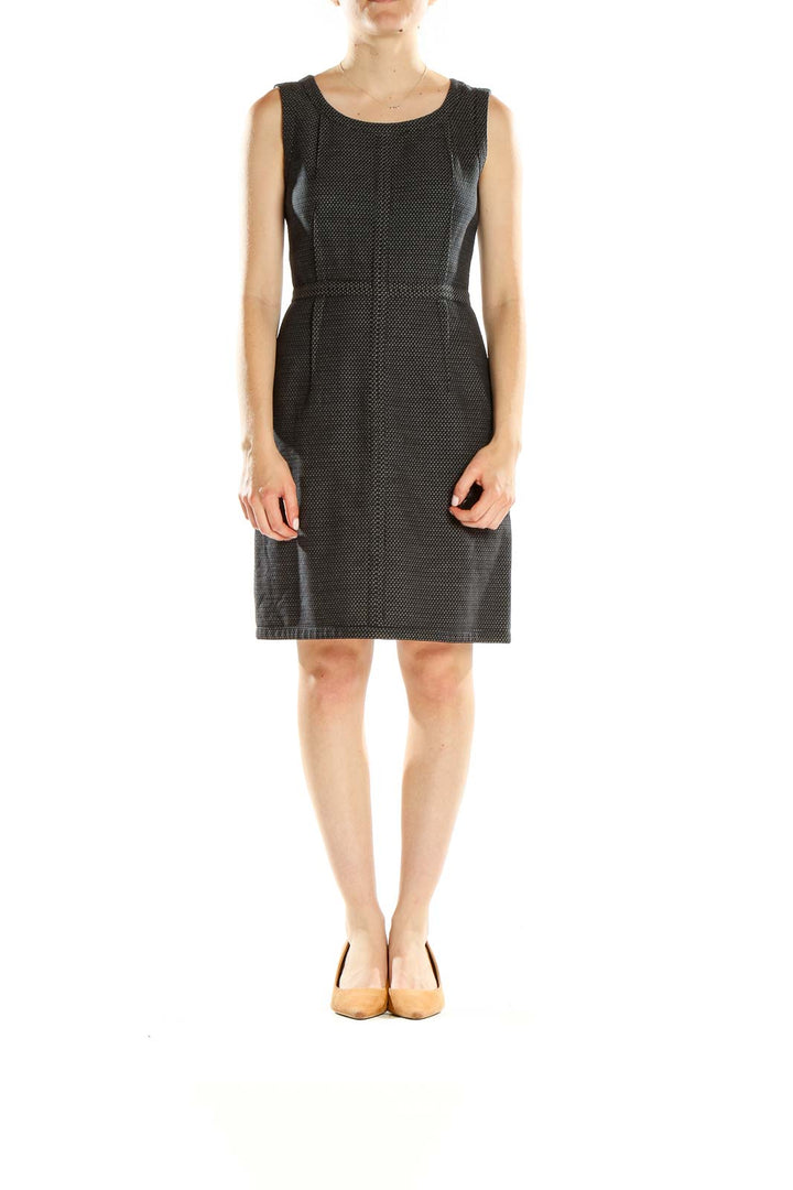 Front view of DKNY black textured sleeveless sheath dress