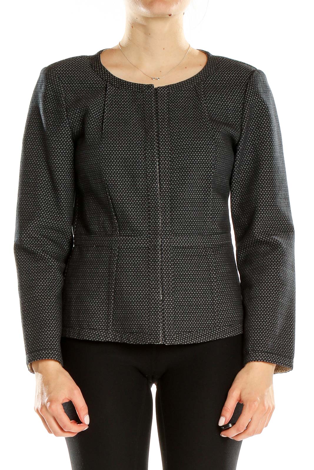 Front view of DKNY black textured zip-up jacket with subtle dot pattern
