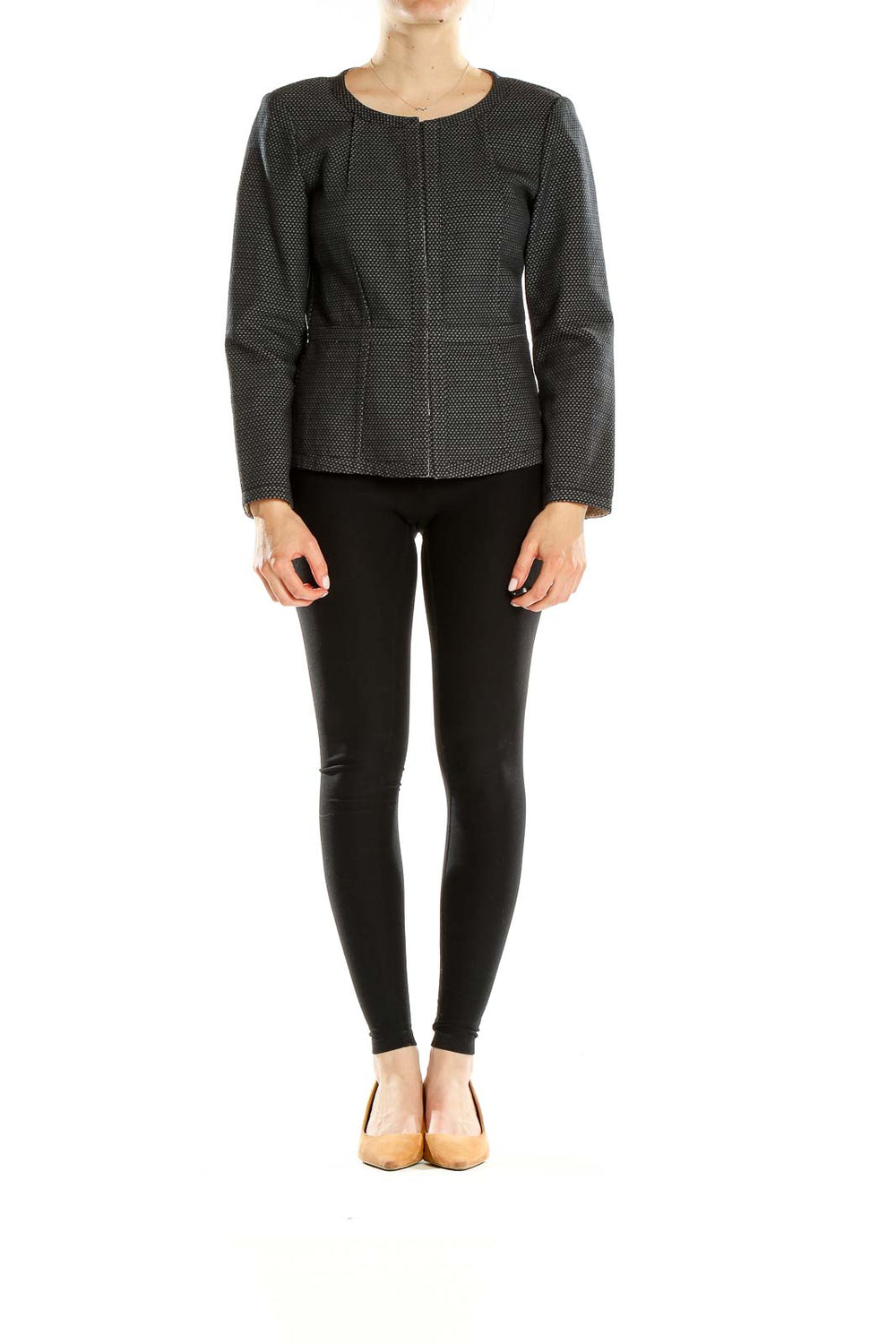 Front view of DKNY black textured zip-up jacket with subtle dot pattern