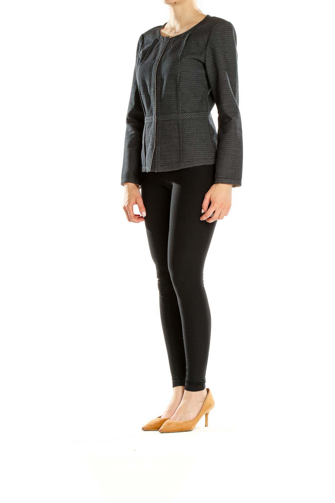 Front view of DKNY black textured zip-up jacket with subtle dot pattern
