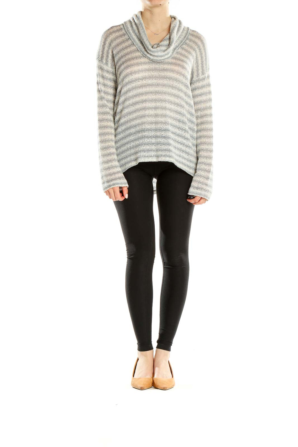 Front view of Splendid gray and white striped cowl neck sweater
