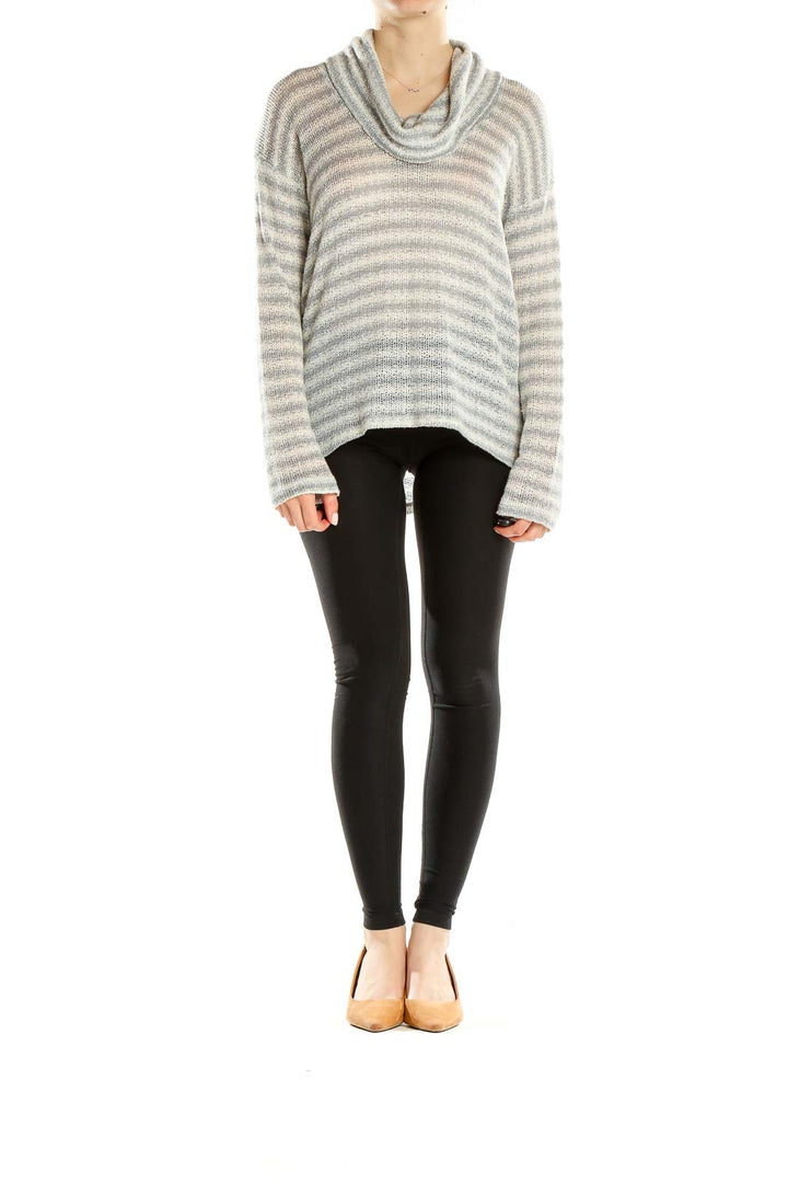 Front view of Splendid gray and white striped cowl neck sweater