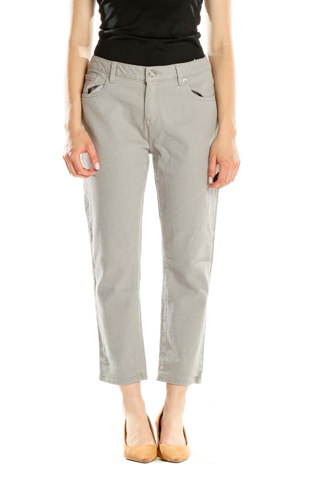 Front view of MICHAEL Michael Kors light gray cropped denim jeans