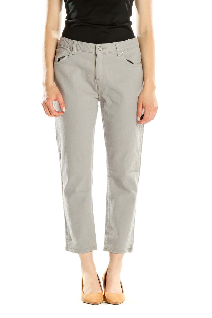 Front view of MICHAEL Michael Kors light gray cropped denim jeans