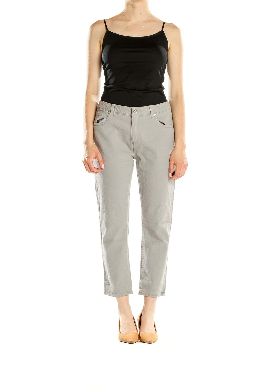 Front view of MICHAEL Michael Kors light gray cropped denim jeans