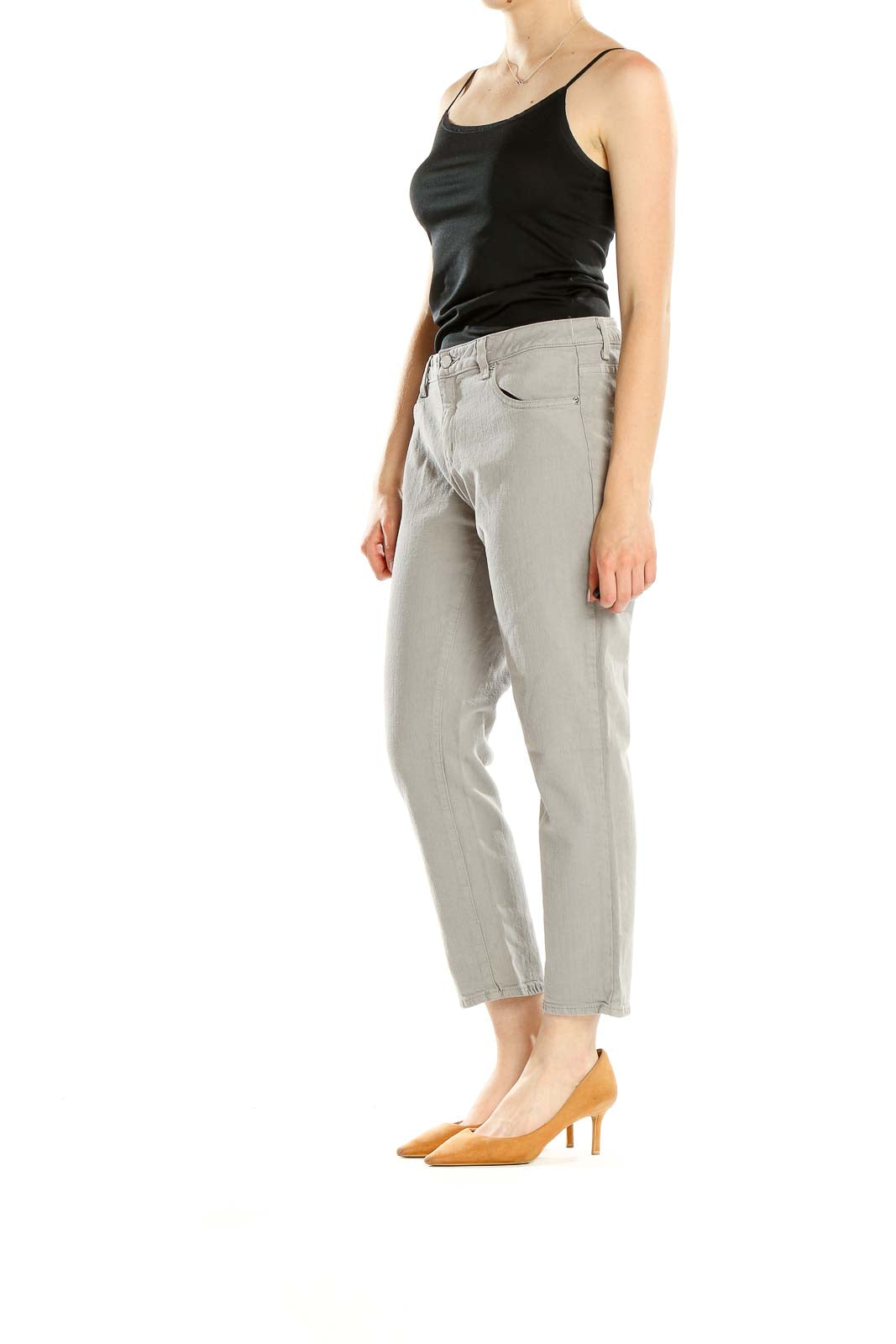 Front view of MICHAEL Michael Kors light gray cropped denim jeans