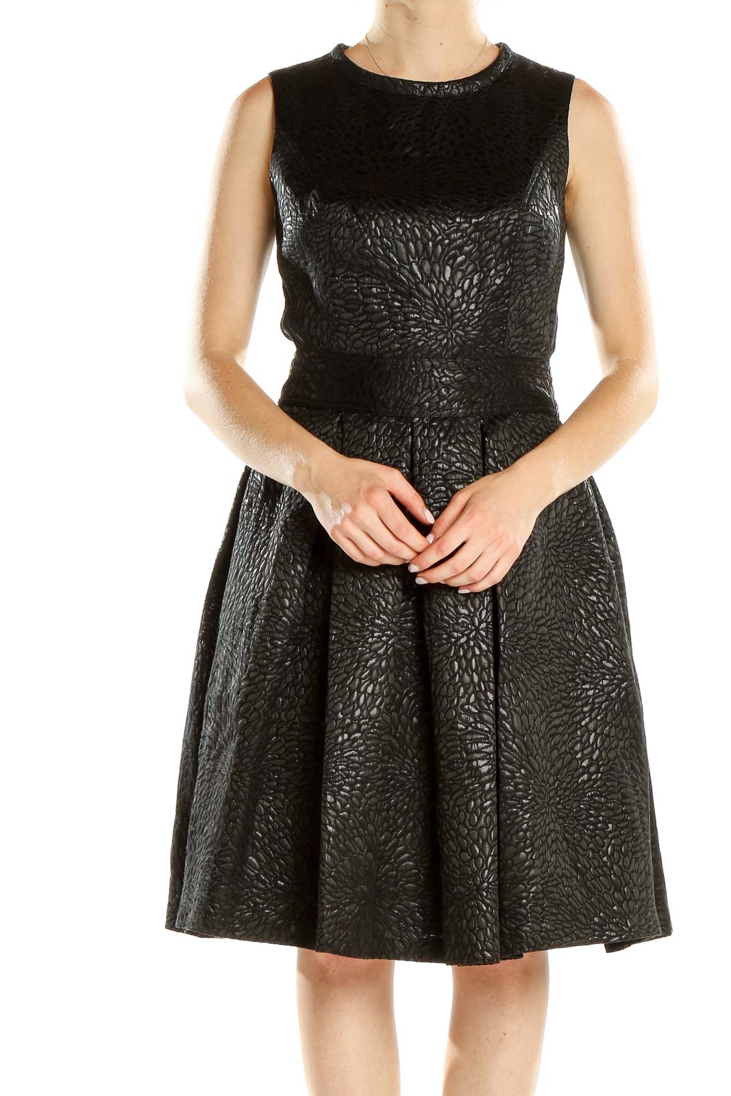 Pink Tartan Black Textured Fit-and-Flare Sleeveless Dress | Elegant Cocktail Attire SilkRoll Pink Tartan Black Textured Fit-and-Flare Sleeveless Dress | Elegant Cocktail Attire SilkRoll