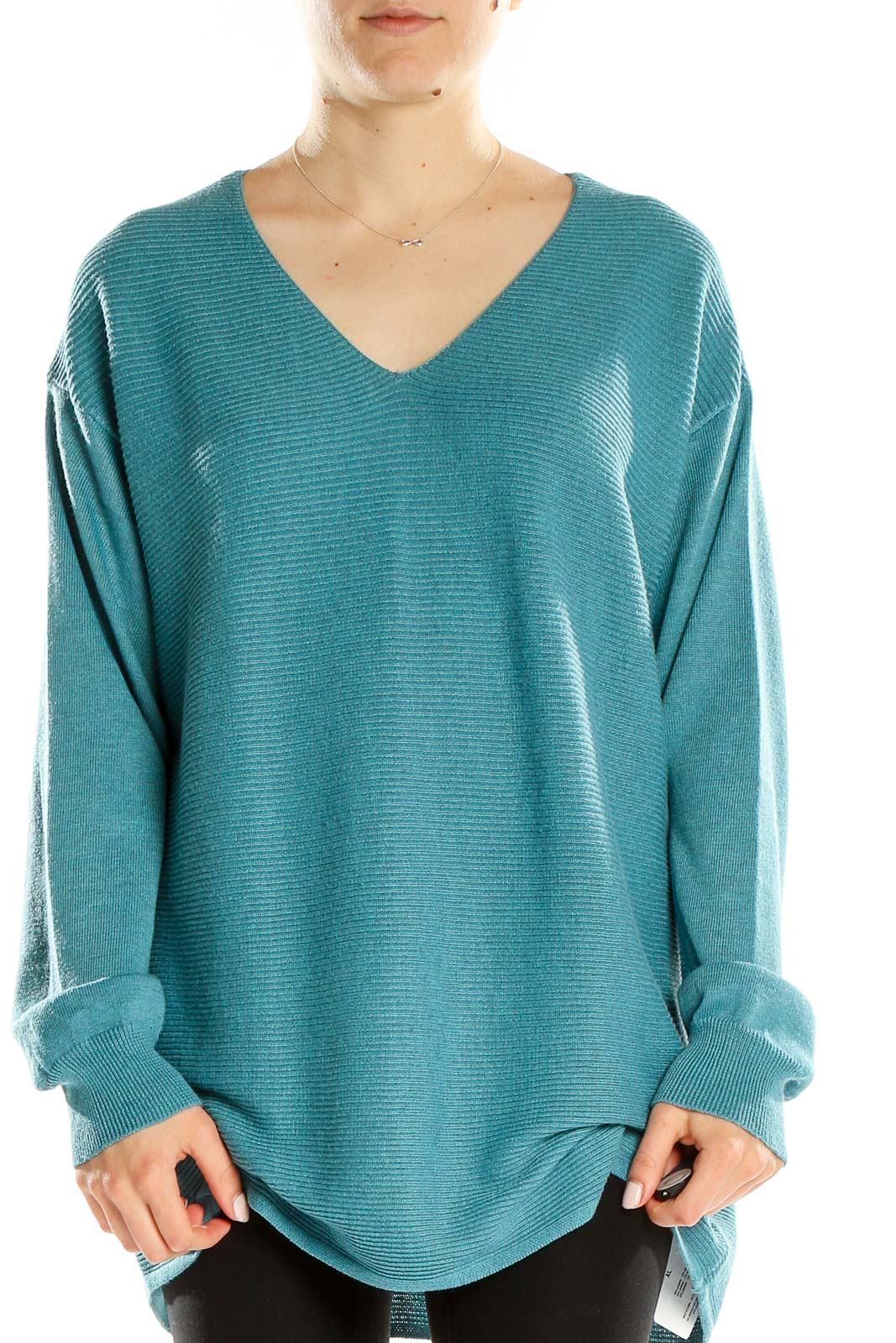 Front view of teal Ella Moss oversized V-neck ribbed sweater