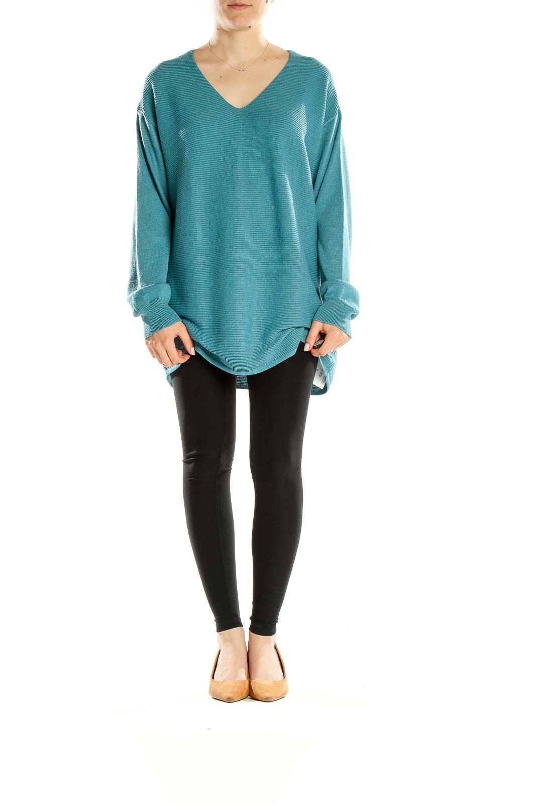 Front view of teal Ella Moss oversized V-neck ribbed sweater