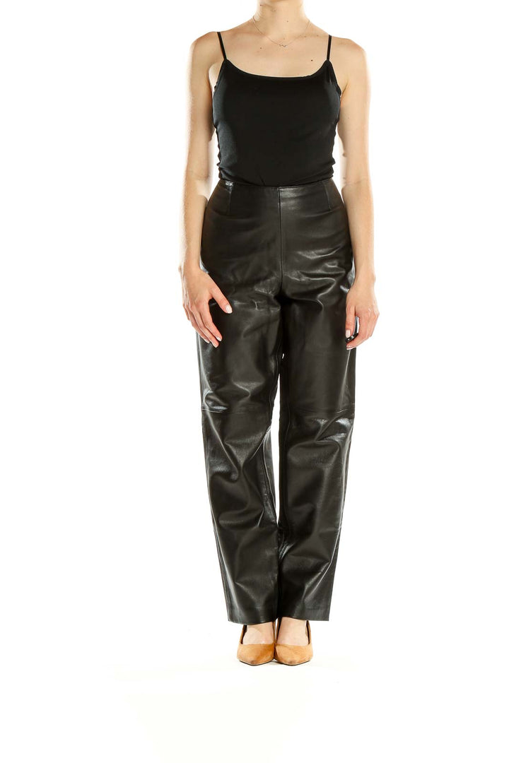 Front view of Hugo Buscati black leather wide-leg trousers