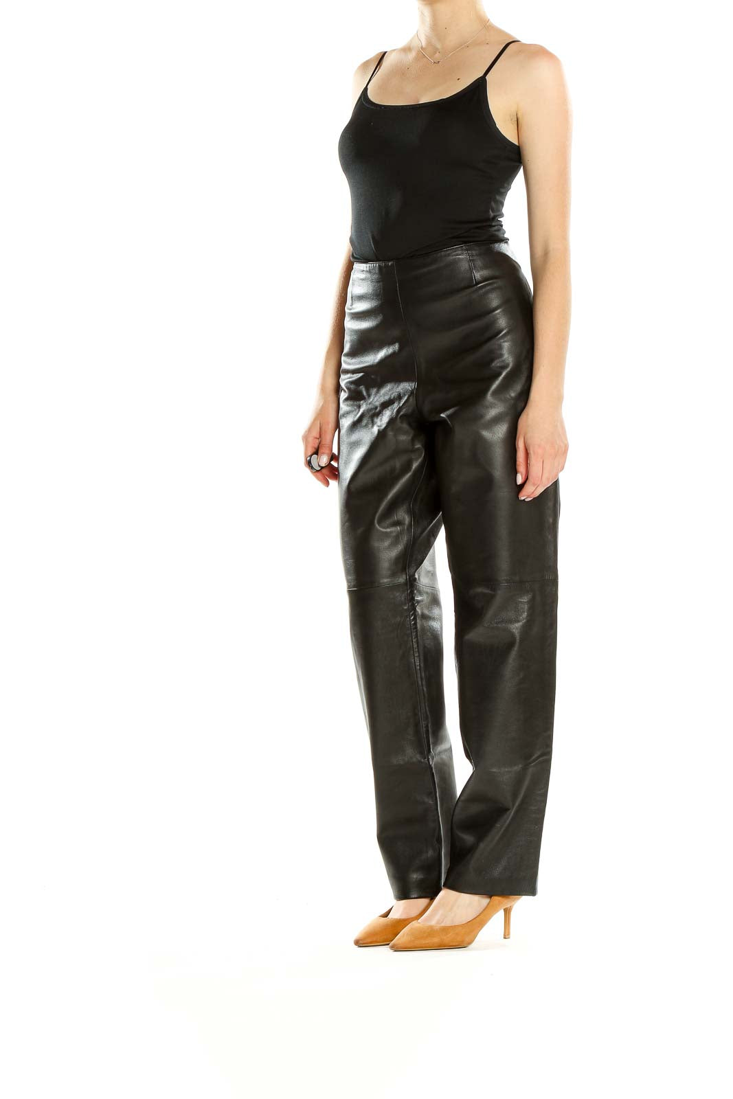 Front view of Hugo Buscati black leather wide-leg trousers