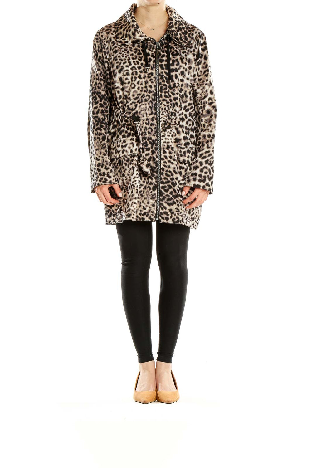 Front view of Dana Buchman leopard print zip-up jacket